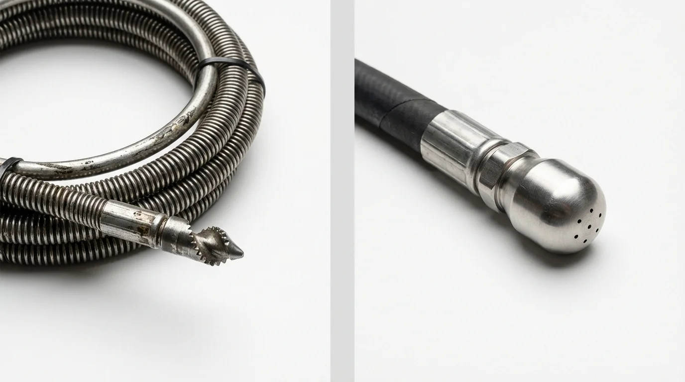 Drain snake cable and hydro jetting nozzle used for drain cleaning in Bells, TX