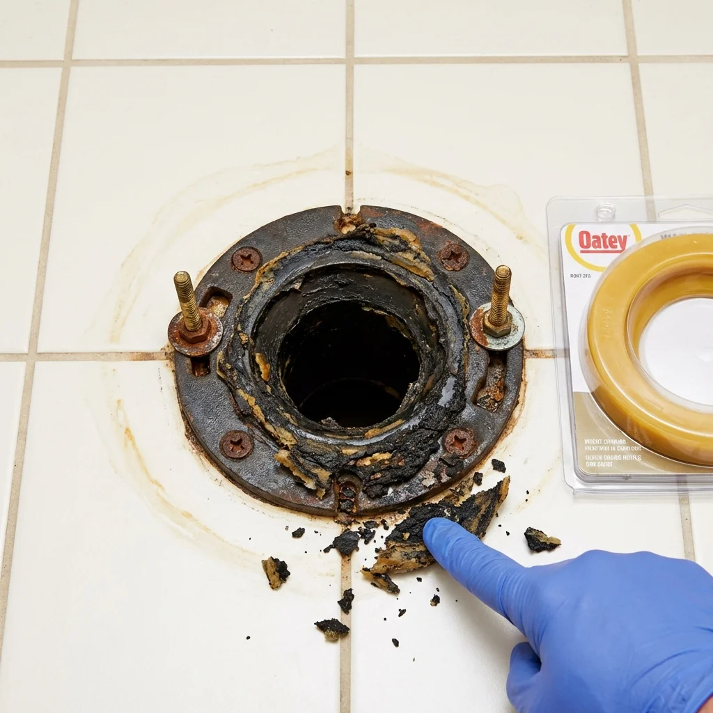 Failed wax ring showing water seepage at the base of a toilet in a Bells, TX home