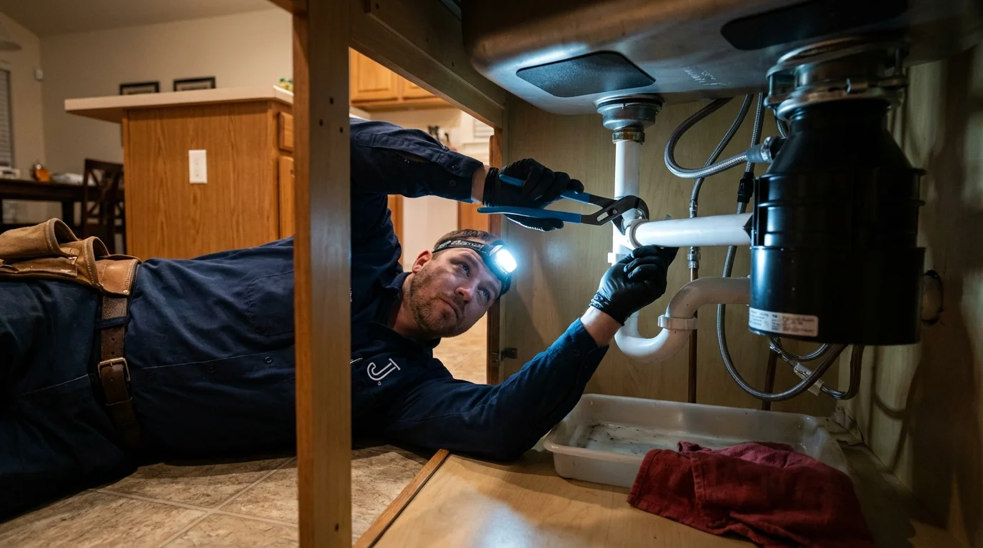 P-trap and supply line connections under a kitchen sink showing a common leak point in Bells, TX